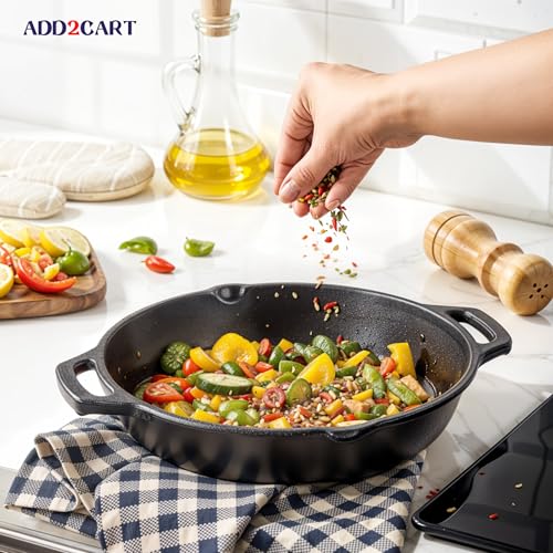 Image of Add2Cart Pre Seasoned Cast Iron Skillet | Fry Pan | Iron Pan | Cast Iron Cookware| Cast Iron Frying Pan with 2 Side Handles | Gas and Induction Compatible, 10inch, Black