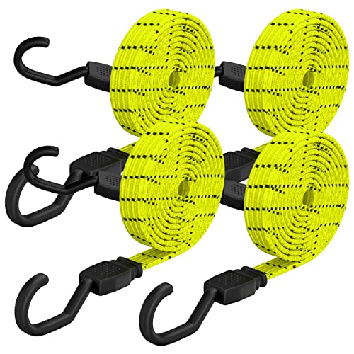 Houseables Bungee Cords With Hooks, Bungie Straps, 4 Pack, 48 Inch Long, Yellow, Flat, Premium Rubber, Bungy Chords, Cart Tie Down, Bungi Rope For Dolly, Upcart, Car Trunk, Camping, Luggage, Moving #TOP7
