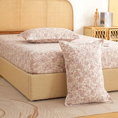 Image of Story@Home King Size Air Cotton Bedsheet 240 TC Fitted Sheet with 2 Pillow Covers, Soft & Durable Bed Sheet for King Bed (270 x 250 cm, Floral Print, Purple & Off White)