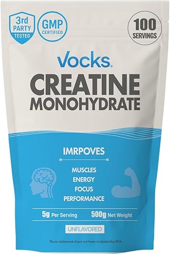 Vocks Polvo de Monohidrato de Creatina - Suplemento de Creatina, Creatina Micronizada, Polvo de Creatina - Sin Sabor y Sin Gluten, 5g por Porción,