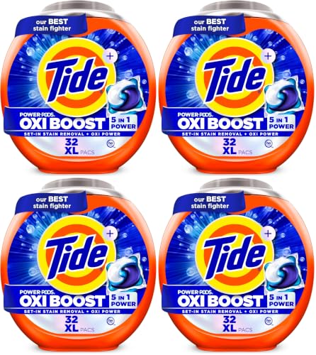 Image of Tide Oxi Boost Power PODS Laundry Detergent Pacs, Set-In Stain Removal + Oxi Power, laundry soap detergent pacs, 32 Count (Pack of 4)