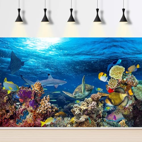 Image of Under The Sea Aquarium Background Tropical Fish Colorful Coral Reef Panorama Terrarium Background Sea Turtle Shark Blue Sea Backdrops Underwater Life Seascape Fish Tank Backdrop Poster 30x18in