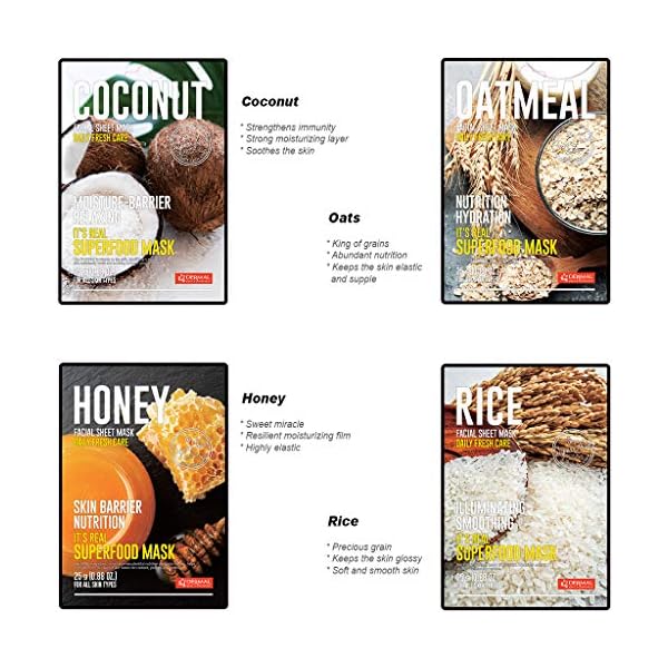 DERMAL-Super-Food-Facial-Mask-Sheet-25g-Pack-of-14-2-Weeks-Daily-Skincare-Real-Fresh-Healthy-Superfood-Facial-Mask-Combo-Set-Super-Adhesion-Sheet-Pore-Care-Moisturizing-Soothing-Anti-Wrinkle DERMAL Super Food Face Masks Skincare- 12 Pack Facial Sheet Mask for a Glowing Refreshing Skin- Moisturizing Sheet Masks for Face Enriched with Natural Ingredients for All Skin Types