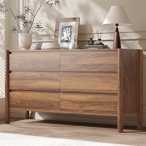 CHUWELL Walnut 6 Drawers Dresser for Bedroom 47.2 Wide Mid Century Modern Chest of Drawers with 4 Solid Wood Cylindrical Legs and Large Storage Space Large Dresser for Bedroom