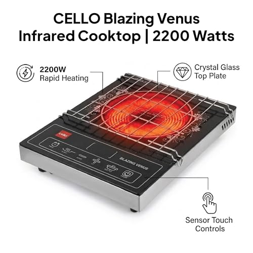 Image of CELLO Blazing Venus Infrared Cooktop Stove 2200W Black | Crystal Glass Top Plate, Sensor Touch Controls, Customized Reset Menu, 11 Stage Power Settings | For Frying Boiling Grilling | 1 Year Warranty
