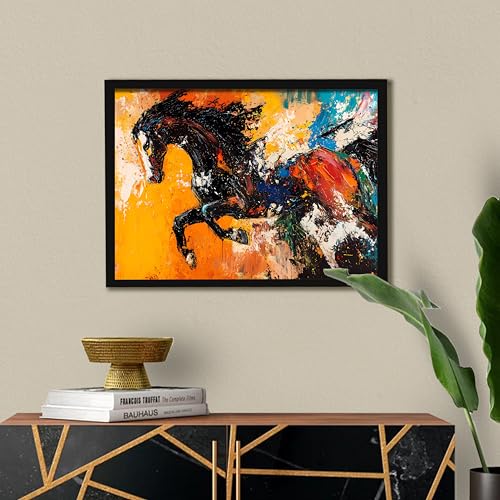 Image of Running Horse Vastu Framed Wall Art Painting For Living Room| Abstract Horse Painting With Frame Symbol of Strength & Confidence Wall Art for Home & Office, 17x23 Inch