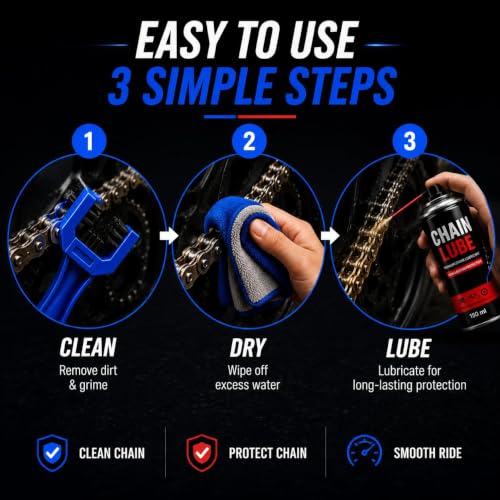 Image of Bike Chain Cleaning Brush with Chain Cleaner & Chain Lube 150ml Each + Microfiber Duster | Complete Motorcycle Chain Cleaning Kit | Bicycle, Scooter & Cycle Maintenance Accessories