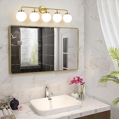 Image of Bathroom Light Fixtures 39in 5-Light Brushed Gold Vanity Light for Mirror | Bathroom Lighting Fixtures over Mirror, ETL, Brushed Brass Wall Sconce, Dimmable E12 Base Max 60W, Milky Glass Ball Shades
