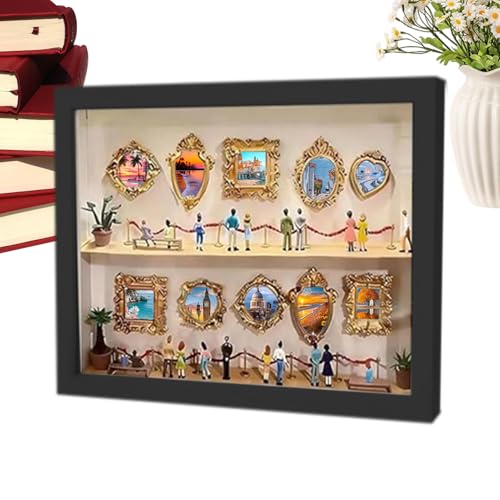 Mini Boîte De Silhouette De Musée À Faire Soi-même avec Mini Cadres Photo Et Figurines Dorés 25x20x3 Cm MiniMusée À Faire Soi-même Personnalisée, Cadre Photo Miniature Musée en Bois pour Couple Femme
