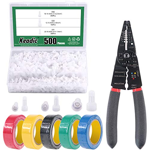 Keadic 506Pcs Electrical Wires Crimping Kit, Including 16-14AWG Nylon Closed End Crimp Terminals, 5 Rolls of Electrical Tapes and 8 Wire Stripper Crimper for RV Wiring