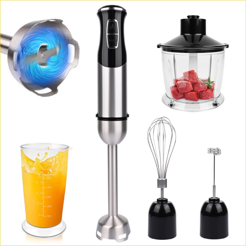Stabmixer set, 5-en-1 Pürierstab Edelstahl Set,21 Gänge 1000W Milchschäumer Handheld, 600ml...