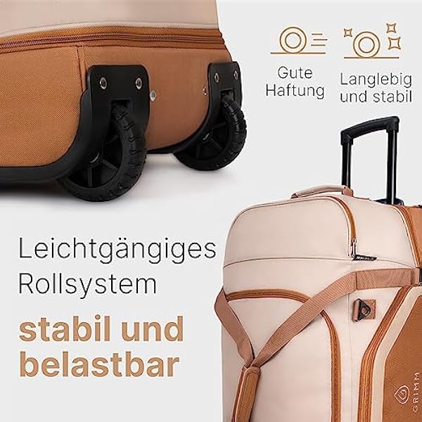 Grimm Borsa da viaggio con ruote | Trolley da viaggio grande XL/XXL 100 l volume [sistema di organizzazione integrato] Borsa da viaggio | Dufflebag | Valigia a rotelle per uomo e donna, beige/marrone,