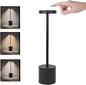 Luminária Dimerizável Touch 3 Cores de Luz E Modo Intensidade, Abajur LED de Mesa Moderno Recarregável Sem Fio para Quarto, Escritório, Leitura, Jantar, Cabeceira de Cama, Decoração (PRETO)