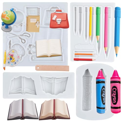 FCKEMLDS Volta às aulas moldes de silicone lápis lápis livro mochila escolar paleta de tinta molde fondant material escolar molde de chocolate para decoração de bolos cupcake topper doces polímero