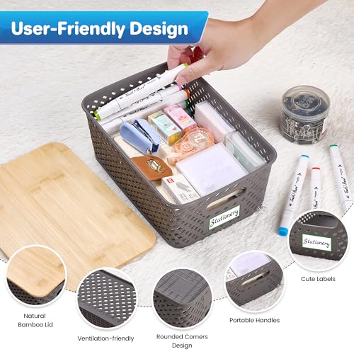 Anysig 8 Packs Plastic Storage Bins with Bamboo Lids - Stackable Storage Bins Decorative Small Basket Containers for Organizing Shelves Office Classroom Desktop Closet, Grey - Image 3