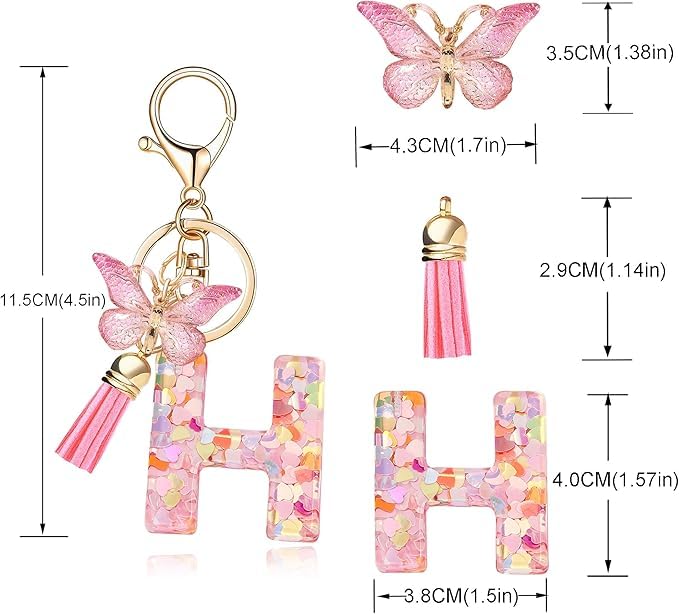 Image of GEOCARTER Lightweight Fashion Initial Letter Key Ring with Butterfly Pendant & Tassel, Stylish Purse Charm for Handbags, Car Keys, Gifts for Girls & Women