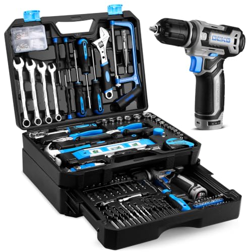 DEKO Caja Herramientas Completa Eléctricas 238 Piezas con 12V Taladro Eléctrico sin Cuerda, 10 mm Chuck sin Llave, Caja profesional de herramientas Domésticas de Bricolaje para Oficinas y Jardín, Azul