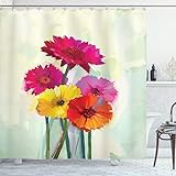 Ambesonne Gerber Daisy Shower Curtain, Posy of Spring Flowers Oil Painting Style Impressionist Still Life Art Theme, Cloth Fabric Bathroom Decor Set with Hooks, 70' Long, Yellow Pink