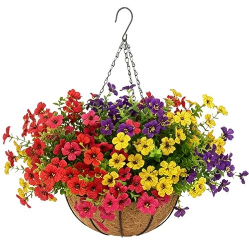 TIDALJAM Artificial Outdoor Faux Fake Silk Realistic UV Resistant Hanging Planter Basket Potted Flowers Plants for Front Porch Patio Home Garden Spring Summer Decor