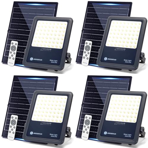 Aigostar Foco proyector LED solar con control remoto,focos solare de 300W, 3000LM,luz blanca fría de 6500K,IP65 impermeable Luz solar exterior,para jardín,terrazas,caminos,garajes,cable de 2M