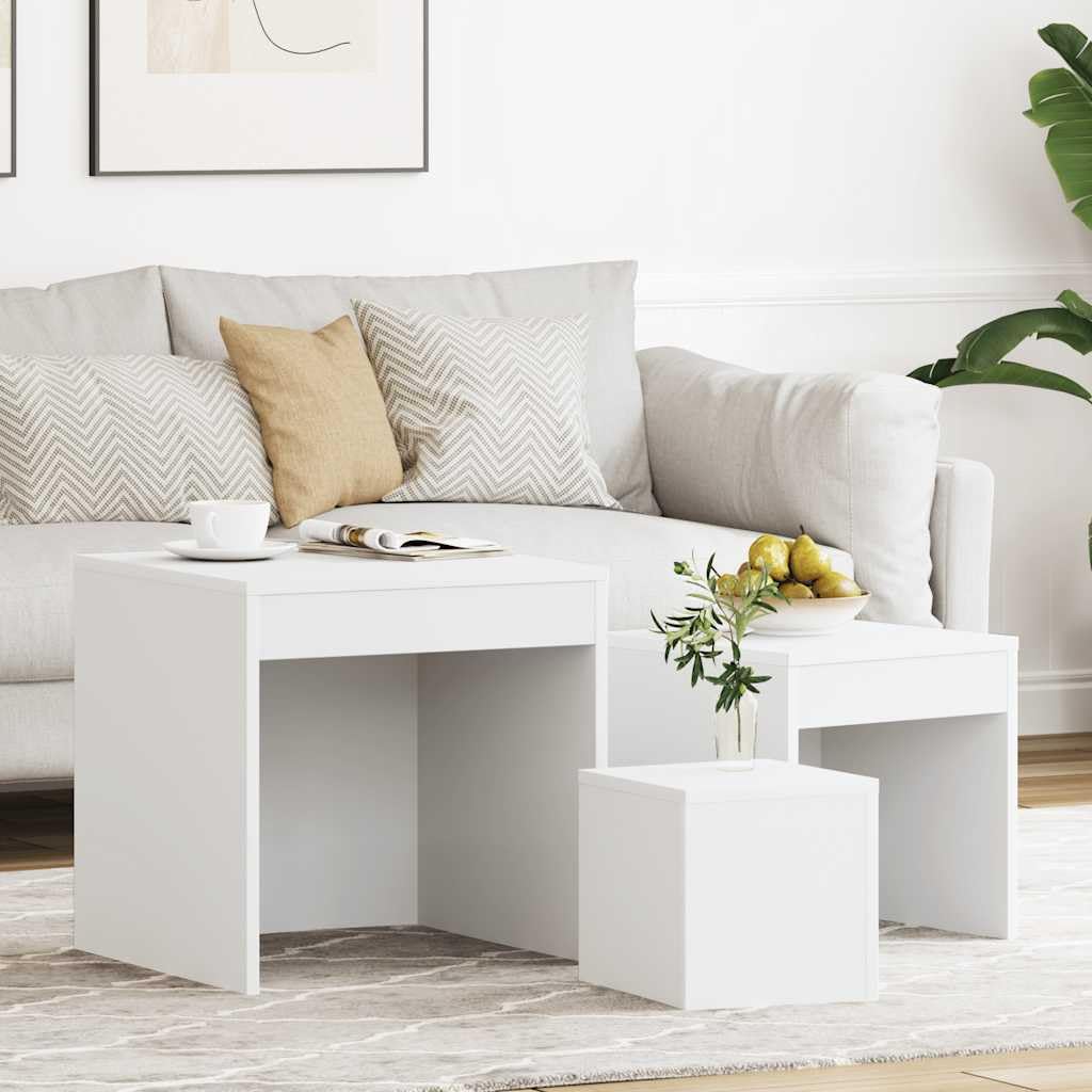 SXZenSpace Nesting Tables White Set of 3 Engineered Wood Coffee Side 45/35/24 cm Cube Modern Living Room Bedroom Corridor