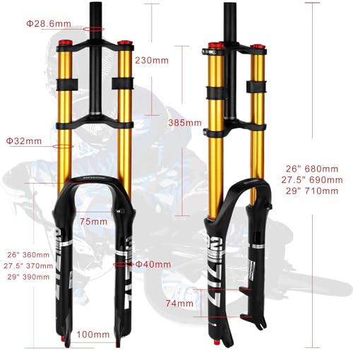 B Bolany Bike Suspension Fork 26/27.5/29" for Mountain Bike DH Air Double Shoulder Downhill Rappelling Shock Absorber Straight Tube Ultralight Bicycle Shock Absorber Rebound Adjust (Gold, 26’‘)