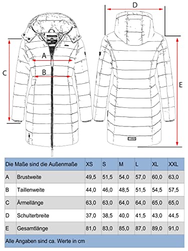 MARIKOO Damen langer Wintermantel warmer Steppmantel mit abnehmbarer Kapuze Abendsternchen Smokey Mint Gr. L
