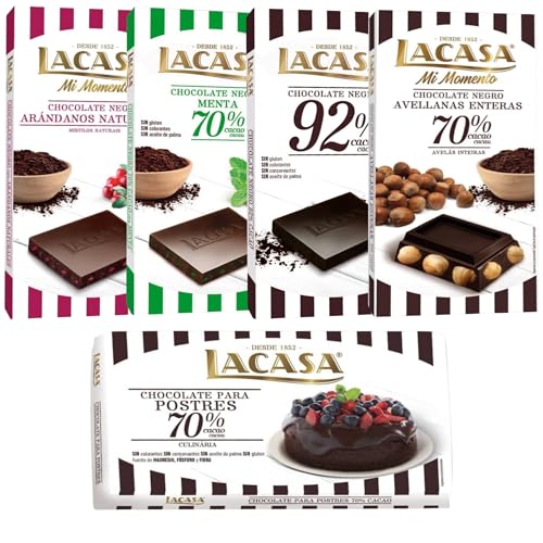Pack Lacasa 5 deliciosas tabletas de chocolate de distintos sabores y tamaños: arandanos , menta ,cacao 92% ,culinaria200g, avellana 200g