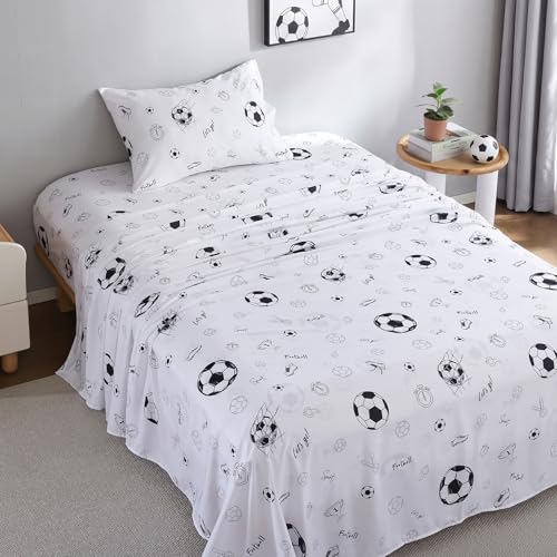 Kids Twin Size Sheet Set for Boys Football Sheets 3 Pieces Sport Theme Soccer Bedding Inclued 1 Fitted Sheet 16 Deep Pocket 1 Flat Sheet and 1 Pillowcase Soft Microfiber Bedsheet Decor Bedroom