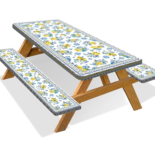 Kamoor Picnic Table Cover with Bench Covers Camping Essentials Lemon Floral Outdoor Table Covers with Elastic Waterproof Fitted Tablecloth for RV Picnic Travel