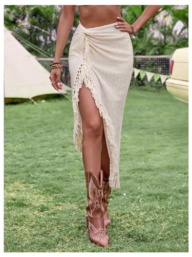 SHENHE Women's Twist Front High Slit Fringe Skirt Asymmetrical Tassel Boho Midi Skirt3