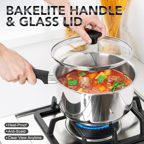 MICHELANGELO Stainless Steel Sauce Pan with Lid 1QT & 2QT & 3QT, TriPly Stainless Steel Saucepans with Straight Bakelite Handle & Square Lid Knob, Nonstick Sauce Pans Set, Induction Compatible by MICHELANGELO - Used condition - Image 3