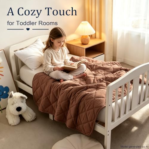 Image of BEDSUM Toddler Quilt 39x47, Microfiber Baby Quilt for Crib, Brown | Lightweight Toddler Blanket for Boys Girls Nursery, Machine Washable All Season Kid Quilt, Tummy Time Blanket, Stroller Quilt