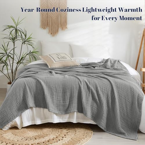PHF 100% Cotton Muslin Blanket King Size 108"x90", 4-Layer Lightweight Gauze Throw, Breathable Cloud-Soft Minimalist Blanket for Bed, Couch, Camping & Baby, Grey, Ideal Gift