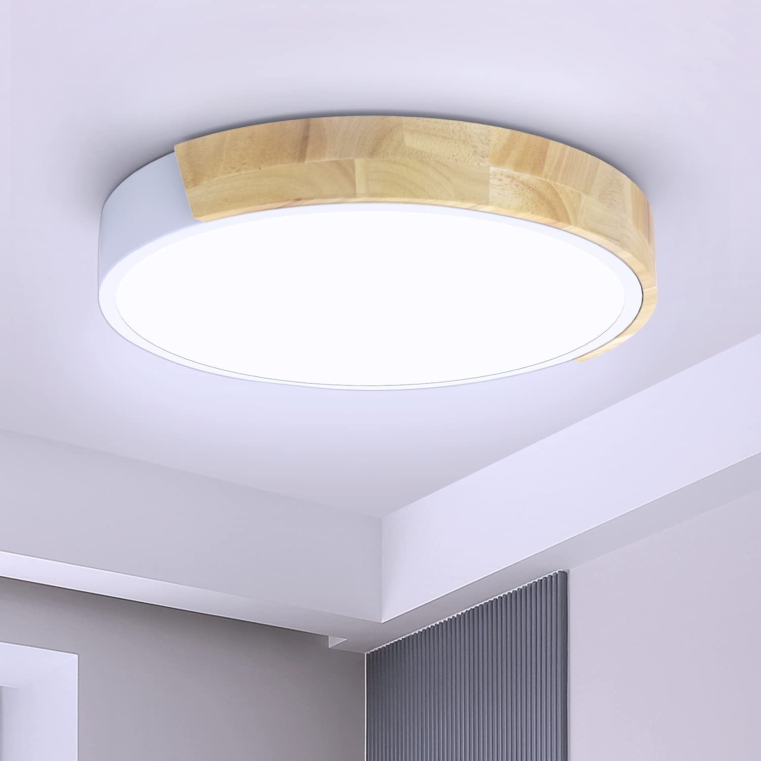 Ketom LED Ceiling Lamp Wood Indoor 24W LED Flush Ceiling Light 6000K LED Ceiling Light Cold White Office Ceiling Lights 2400LM Wood Flush Ceiling Lights for Lounge Bedroom Hallway Kitchen