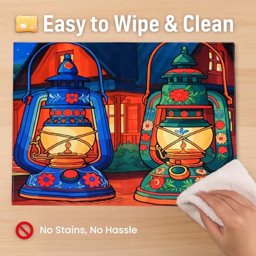 Image of Dining Table Mats Set of 2 - Lamp Diwali Theme,Digital Print, Washable, Indoor /Outdoor, Heat-Proof, Water Resistant, Wipe & Clean (47X33 cm) Green & Blue