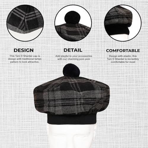 Image of Scottish Tam O' Shanter Hat Tartan Bonnet Pom Pom Wool Flat Cap One Size