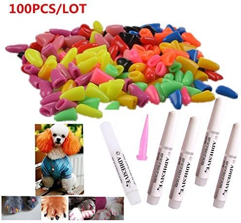 Jomohoon 100Pcs Colorful Dog Nail Claw Cap + 5Pcs Adhesive Glue + 5Pcs Applicator Soft Rubber Pet Nail Cover