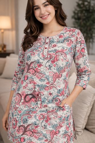 Image of Duchess Women's 100% Pure Cotton Printed Night Suit | Stylish Long Length Top & Pyjama Set | Ultra Soft, Breathable Sleepwear & Loungewear Homewear Nightwear Set | Plus Size Friendly
