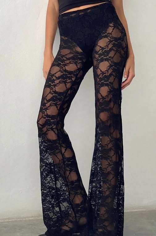 Women Lace Floral Pant Sexy See Through Flare Bell Bottom Hollow Out Trousers Mesh Leggings Cover Up Pants Streetwear - Image 2