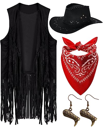 Xtinmee 4 Pcs Western Cowgirl Cowboy Outfits Set Women Tassel Vest Hat Dangle Drop Earring Paisley...