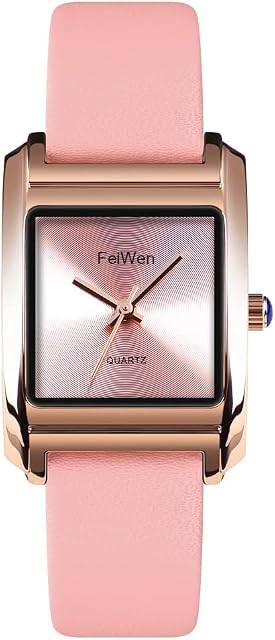 FeiWen Women's Minimalism Fashion Analog Quartz Watch Stainless Steel Case with Leather Band Dress Wrist Watch for Women Girl