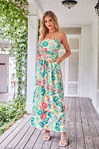 GRACE KARIN Women Strapless Dress Casual Loose Ruched Long Maxi Dress with Pockets Green Floral — view 5