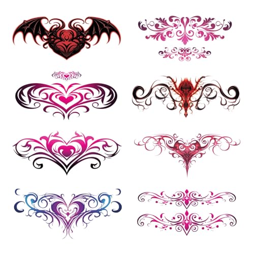 CARGEN Sexy Succubus Belly Temporary Tattoos -8 Sheets of Colourful Heart Designs Cover Scars Tattoo For Belly Button Back Waist Uterus Tattoo Stickers For Adult Girls Women