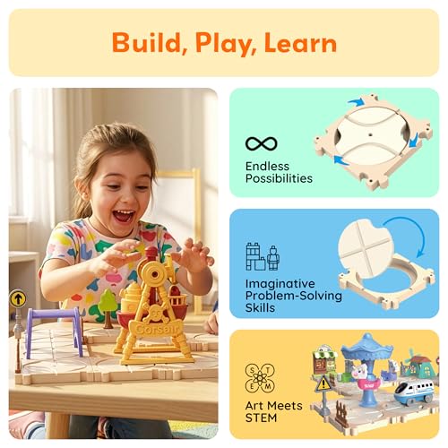 Image of PicassoTiles 74PC Train Track Builder Rotating Reversible Engineering Playset w /Vehicle & Decorative Accessories Car Racetrack Building Block Construction Set Road Game STEM Learning Toy Age 3+ PTR23