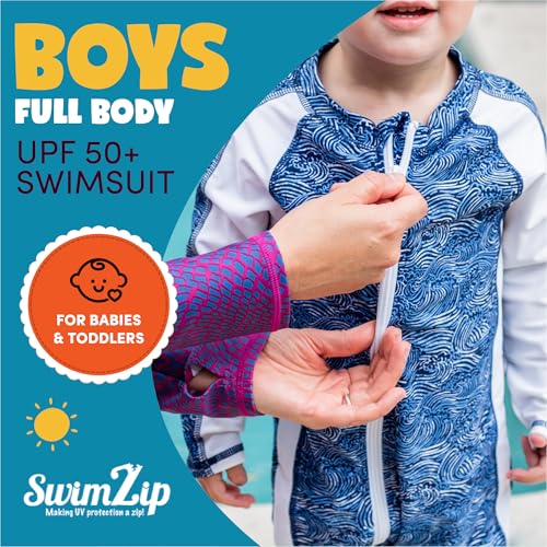 Image of SwimZip UPF50+ Boys Swim Shirt, Long Sleeve One Piece Kids Sunsuit