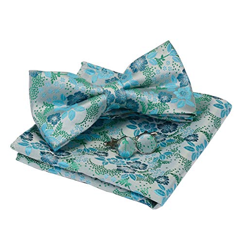 Gusleson Floral Jacquard Green Bow Tie Pre-Tied Cyan Blue Bowtie And Pocket Square Cufflink Set(0582-07) #TOP27