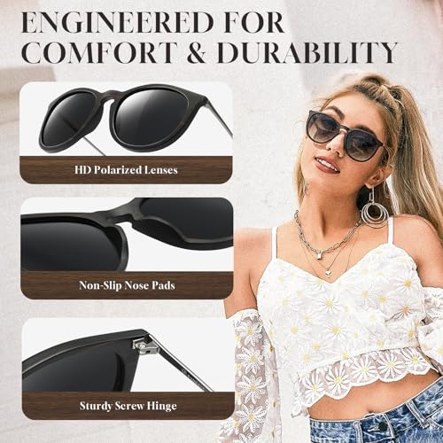 Image of SUNGAIT Rosewood Wood Sunglasses Polarized Vintage Round Sun Glasses for Women Men Classic Retro Trendy Style