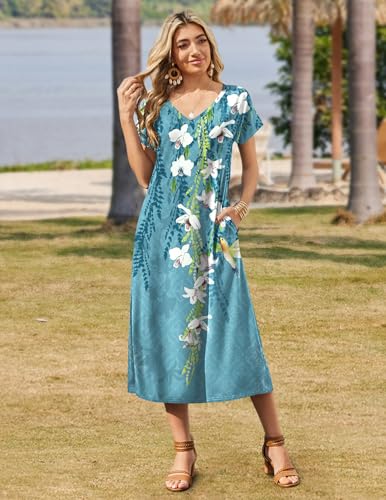 Image of Zeagoo Women Summer Floral Dress Short Sleeve Beach Dress with Pockets Casual V-Neck Split Long T-Shirt Dress Travel Vacation