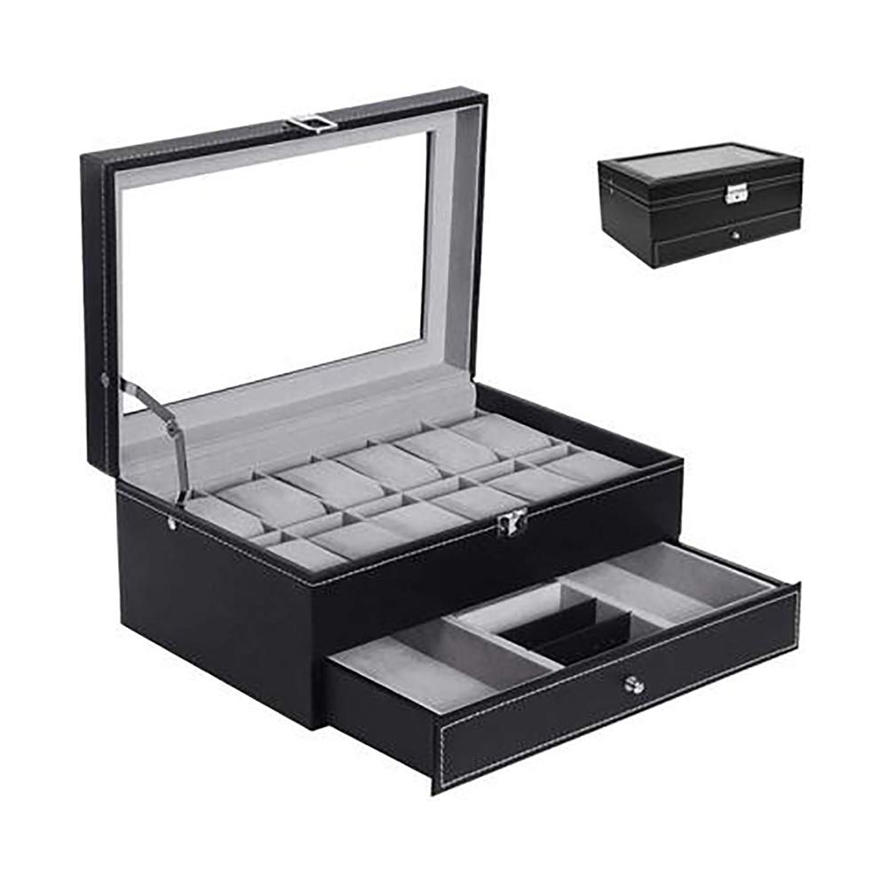 Leder-Uhren-Organizer, 12 Fächer, Uhren-Schmuckkästchen mit Diener-Schublade, Vitrine für Schmuck, Uhrenarmband, Manschettenknopf, Armbanduhrenhalter für Kommode, Schwarz, 29,5 x 19,5 x 15,5 cm (12 x